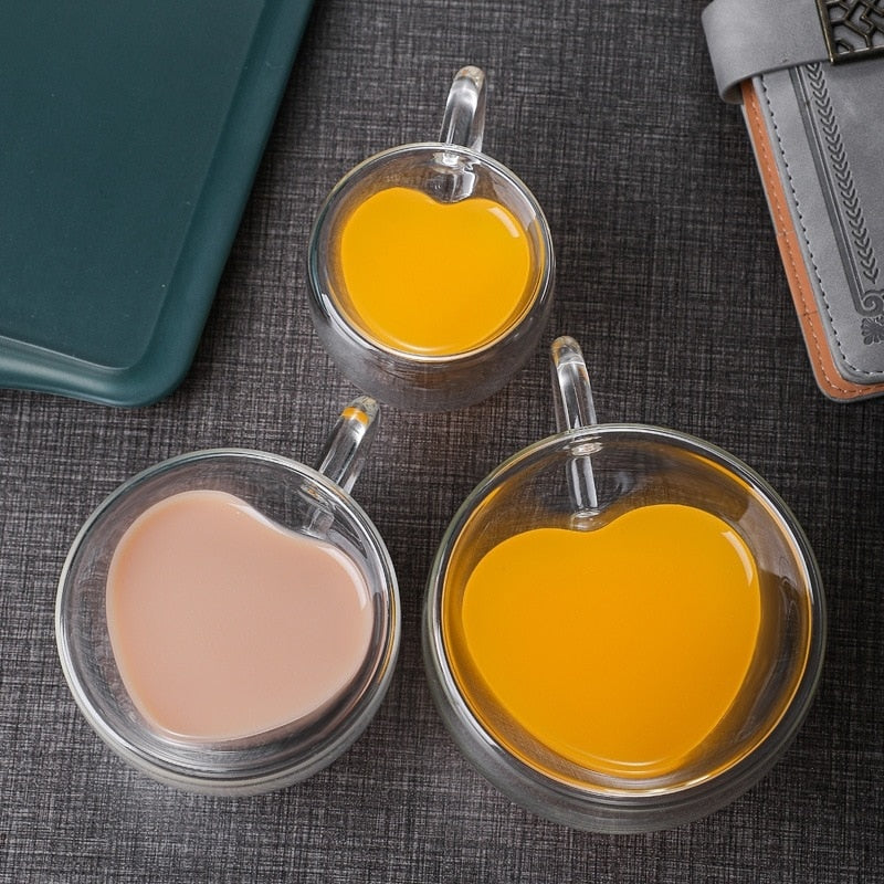 Vivolux | Herz Liebe Form Glas Tasse Doppelwandige Kaffeetassen Isolierte Tee Milch Zitrone Saft Wasser Becher Hitzebeständiges Trinkgeschirr Liebhaber Geschenk