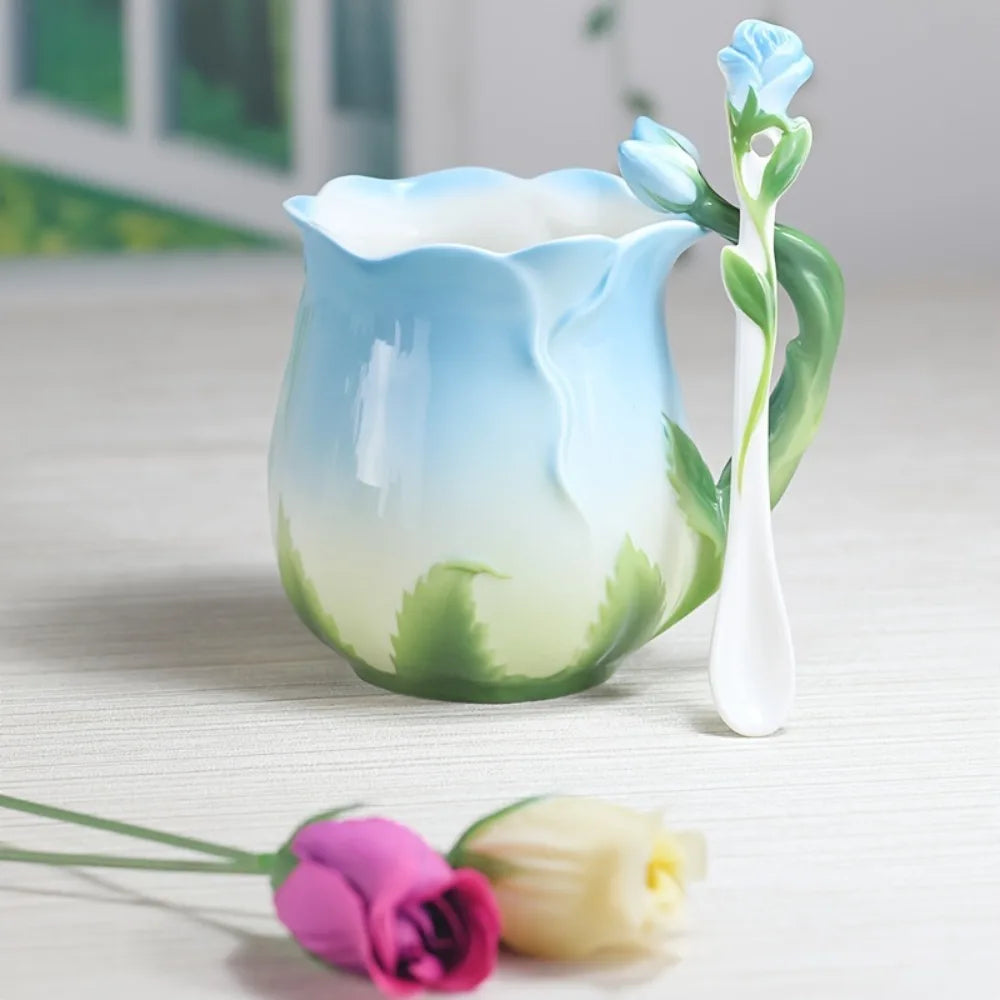 Vivolux | 3D Rose Blume Kaffeetasse Keramik Kaffeetassen Niedliche ästhetische Wasserbecher mit Löffel Sommer Winter Trinkgeschirr Valentinstag Geschenke
