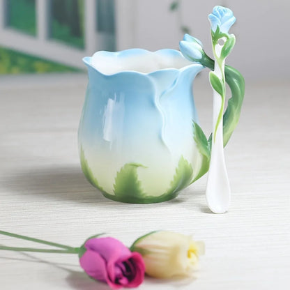 Vivolux | 3D Rose Blume Kaffeetasse Keramik Kaffeetassen Niedliche ästhetische Wasserbecher mit Löffel Sommer Winter Trinkgeschirr Valentinstag Geschenke