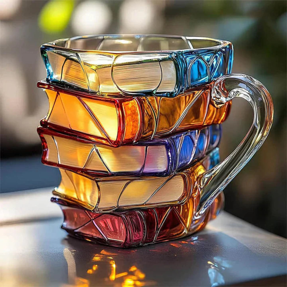 Vivolux | Glas-Kaffeetasse 350 ml mit dreidimensionalem Buchmuster – Handgefertigt, hochwertiges Glas