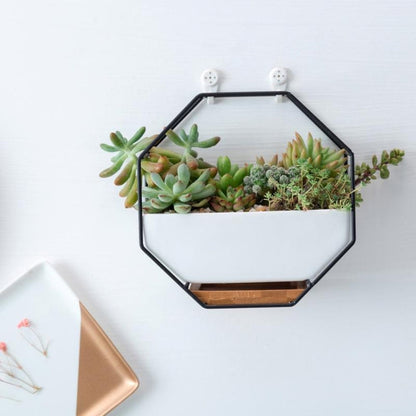 Vivolux | Einfaches octagonales geometrisches Wandhängen Tisch Sukkulenten Platauf bamboo Unterstützung Eisenrahmen Blumentopf (schwarz)