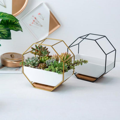 Vivolux | Einfaches octagonales geometrisches Wandhängen Tisch Sukkulenten Platauf bamboo Unterstützung Eisenrahmen Blumentopf (schwarz)