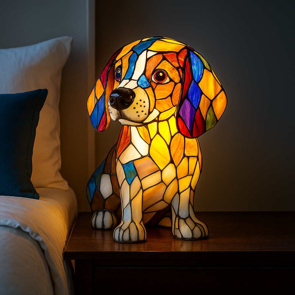 Vivolux | Buntglas-Hund-Form Nachttischlampe mit Farbwechsel-LED – Dekorative Tischlampe für Schlafzimmer und Wohnzimmer