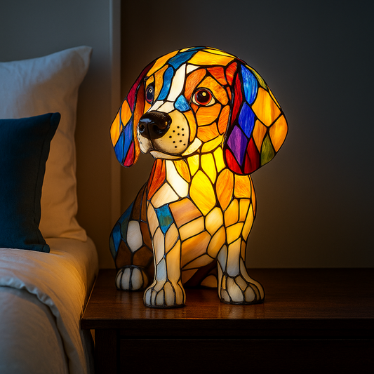Vivolux | Buntglas-Hund-Form Nachttischlampe mit Farbwechsel-LED – Dekorative Tischlampe für Schlafzimmer und Wohnzimmer