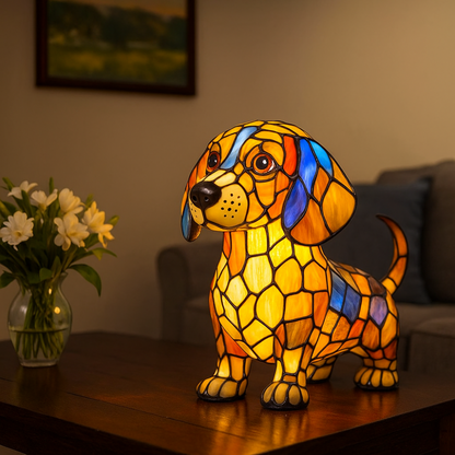 Vivolux | Buntglas-Hund-Form Nachttischlampe mit Farbwechsel-LED – Dekorative Tischlampe für Schlafzimmer und Wohnzimmer