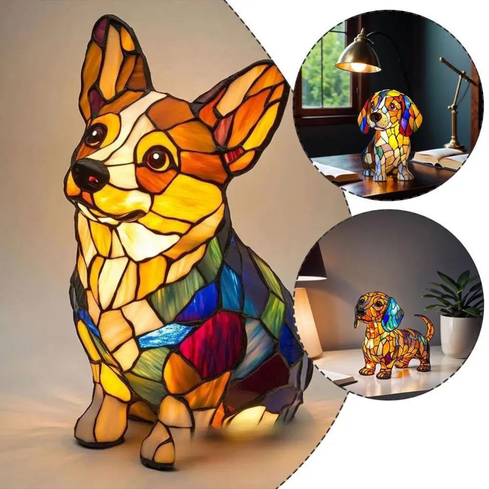 Vivolux | Buntglas-Hund-Form Nachttischlampe mit Farbwechsel-LED – Dekorative Tischlampe für Schlafzimmer und Wohnzimmer
