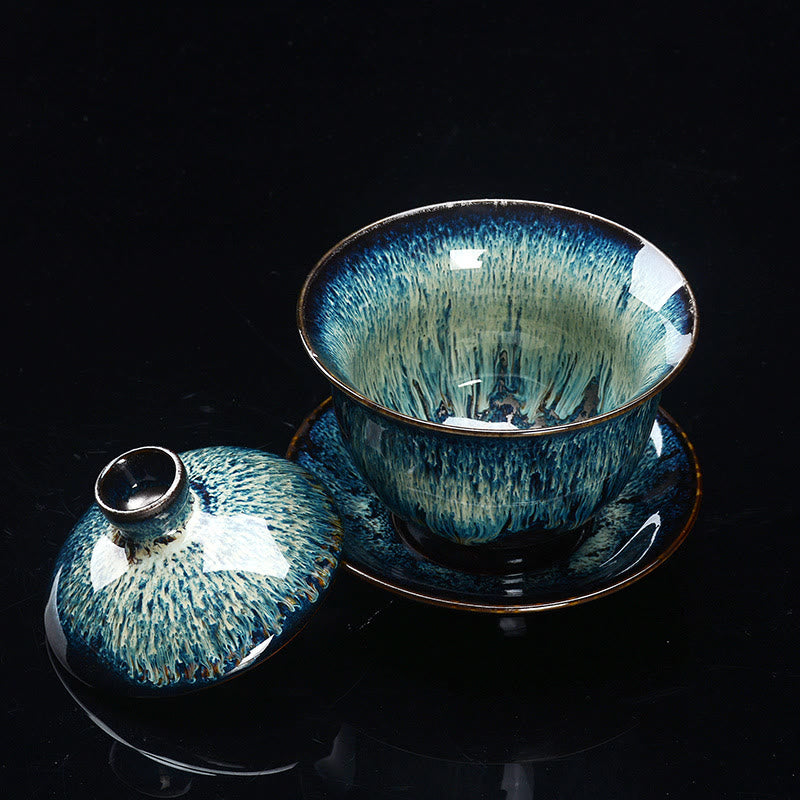 Vivolux | Vintage Kiln Keramik Gaiwan Sancai Teetasse Teetasse und Untertasse mit Deckel