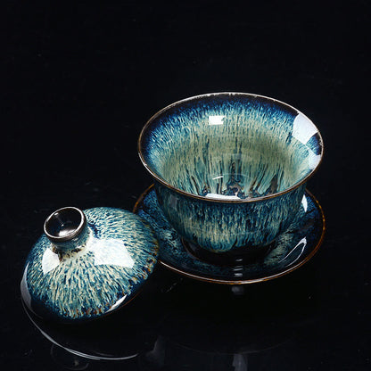 Vivolux | Vintage Kiln Keramik Gaiwan Sancai Teetasse Teetasse und Untertasse mit Deckel