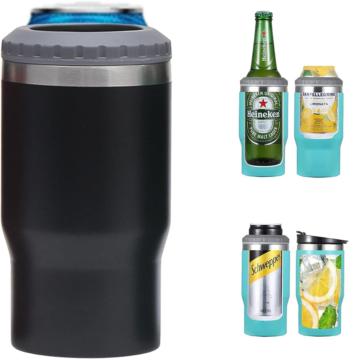 Vivolux | 4 in 1 Edelstahl Dose-/Flaschenisolator, 14Oz Zwei-Wege-Deckel SUS Isolierte Dose Kühler, Bierflaschenhalter (Schwarz)
