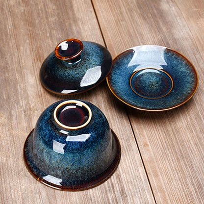 Vivolux | Vintage Kiln Keramik Gaiwan Sancai Teetasse Teetasse und Untertasse mit Deckel