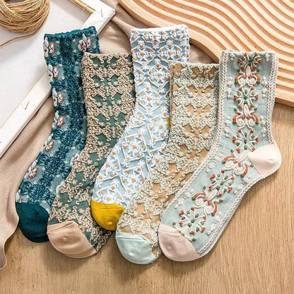 5 Paar Vintage Blumen Stickerei Socken