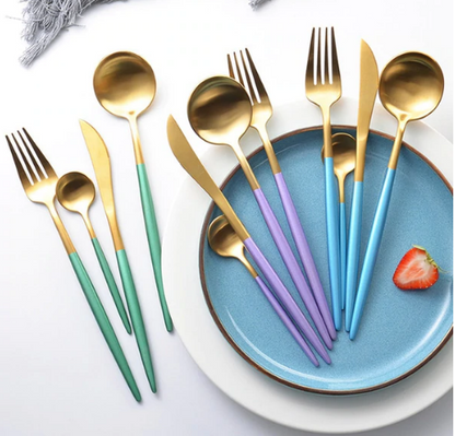 LUXURIÖSES EDELSTAHL-24-TEILIGES GOLD-SILBER-BESTECK-SET