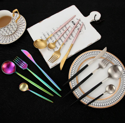 LUXURIÖSES EDELSTAHL-24-TEILIGES GOLD-SILBER-BESTECK-SET