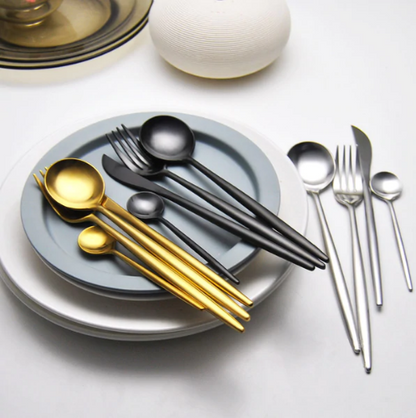 LUXURIÖSES EDELSTAHL-24-TEILIGES GOLD-SILBER-BESTECK-SET