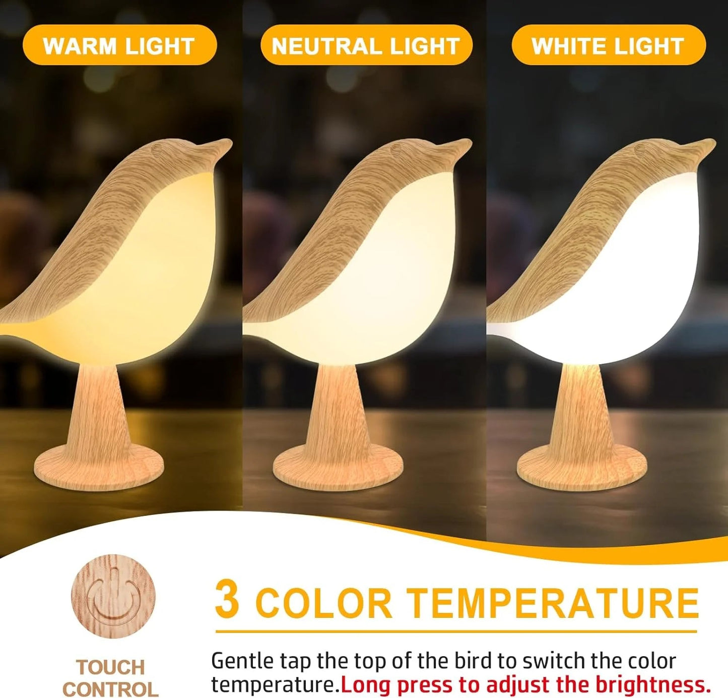Vivolux | Touch-Control Holzvogel Nachtlicht - Wiederaufladbare LED Nachttischlampe