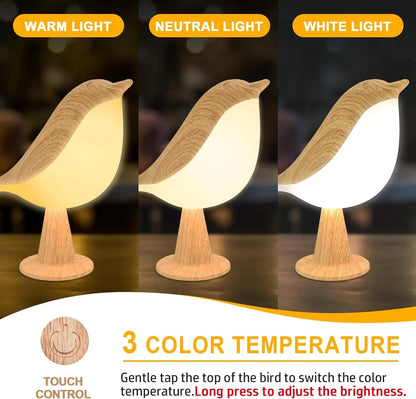 Vivolux | Touch-Control Holzvogel Nachtlicht - Wiederaufladbare LED Nachttischlampe