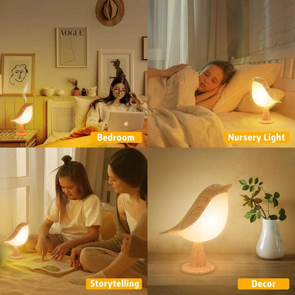 Vivolux | Touch-Control Holzvogel Nachtlicht - Wiederaufladbare LED Nachttischlampe