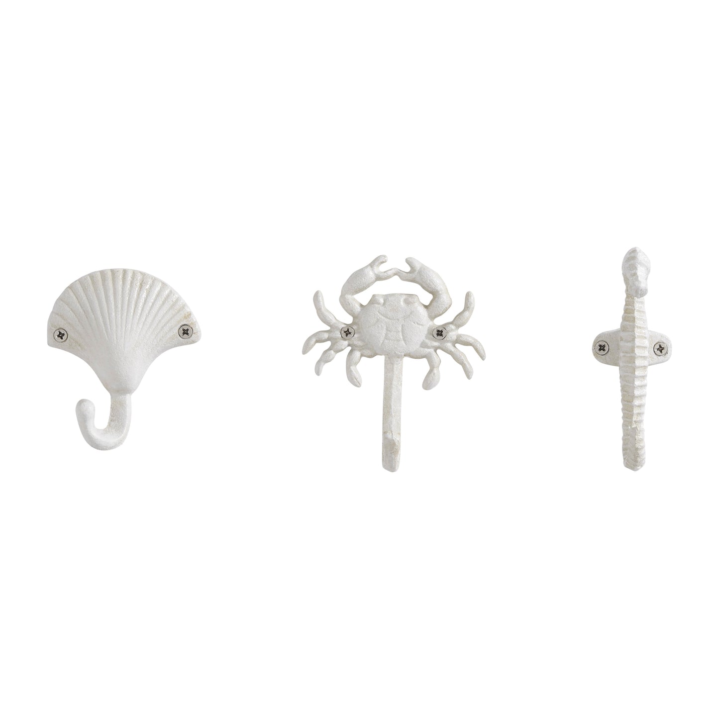 Vivolux | Weißer Gusseisen Nautical Ocean Figur Skulptur Dekorative Utility Wandhaken Set von 3 - Muschel, Krebs, Seepferdchen