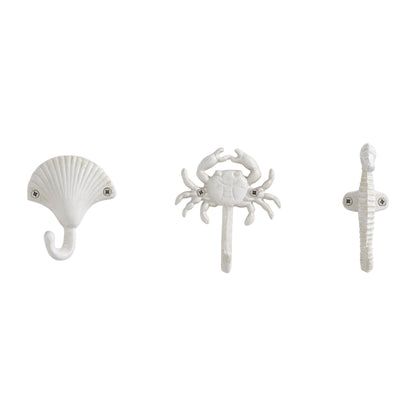 Vivolux | Weißer Gusseisen Nautical Ocean Figur Skulptur Dekorative Utility Wandhaken Set von 3 - Muschel, Krebs, Seepferdchen