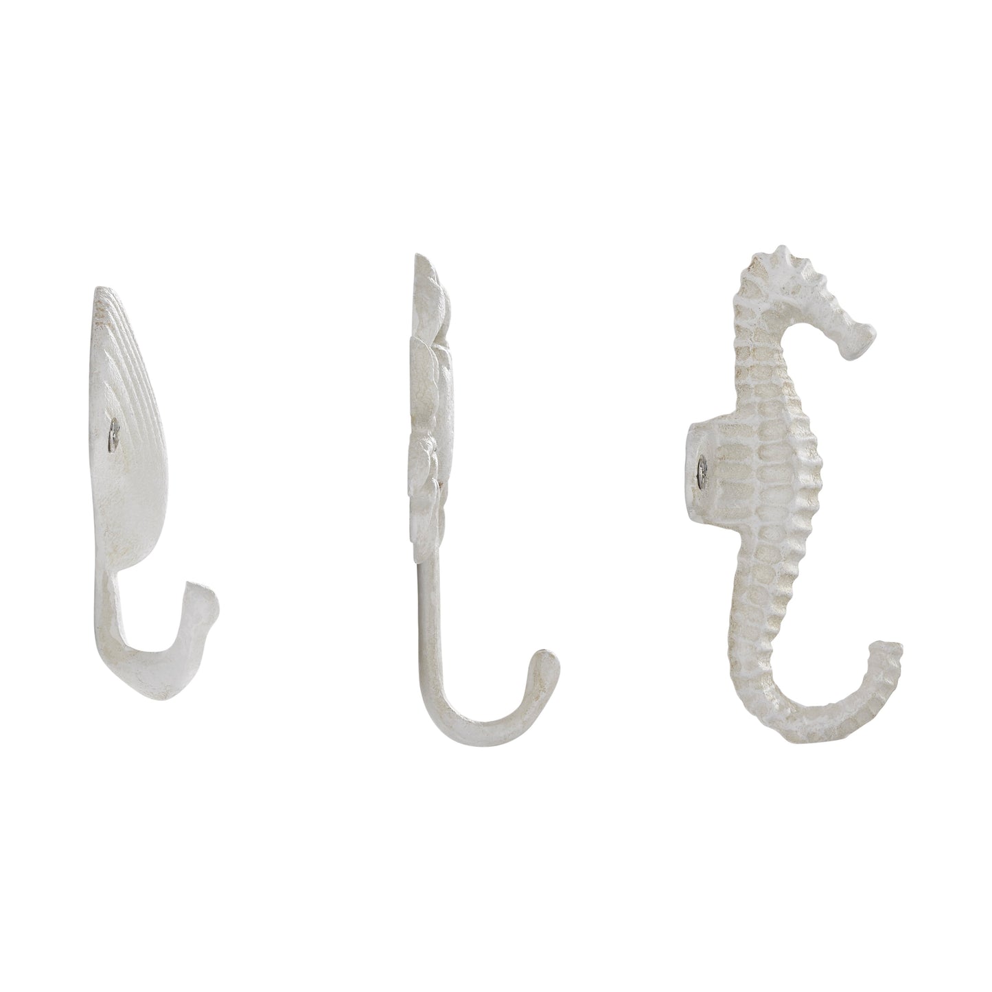 Vivolux | Weißer Gusseisen Nautical Ocean Figur Skulptur Dekorative Utility Wandhaken Set von 3 - Muschel, Krebs, Seepferdchen