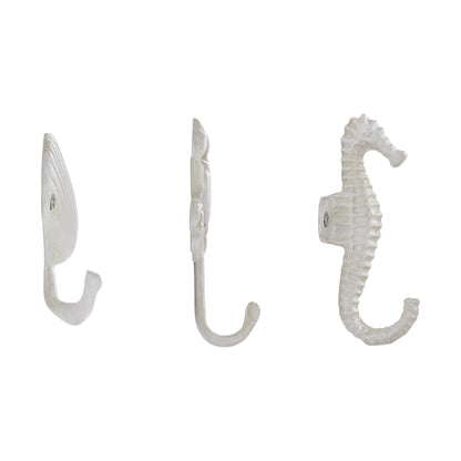 Vivolux | Weißer Gusseisen Nautical Ocean Figur Skulptur Dekorative Utility Wandhaken Set von 3 - Muschel, Krebs, Seepferdchen
