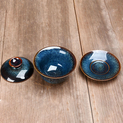 Vivolux | Vintage Kiln Keramik Gaiwan Sancai Teetasse Teetasse und Untertasse mit Deckel