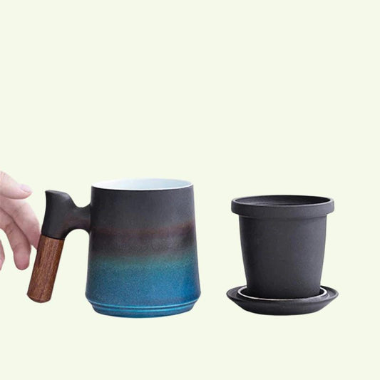 Vivolux | Japanisches Keramik-Teebecher-Set mit Teesieb und Deckel, handgefertigt