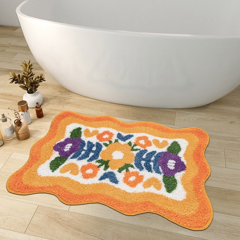 Vivolux | Bunte Blumen Badezimmermatte, Orange Flora Weicher Badezimmerteppich, Gewebte Badematte, Lila Tulpe Wasserabsorbierende Rutschfeste Badematte