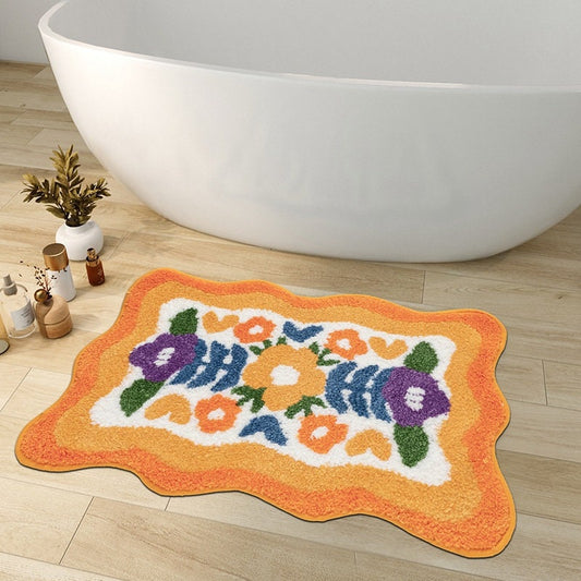 Vivolux | Bunte Blumen Badezimmermatte, Orange Flora Weicher Badezimmerteppich, Gewebte Badematte, Lila Tulpe Wasserabsorbierende Rutschfeste Badematte