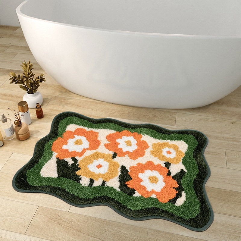 Vivolux | Bunte Blumen Badezimmermatte, Orange Flora Weicher Badezimmerteppich, Gewebte Badematte, Lila Tulpe Wasserabsorbierende Rutschfeste Badematte
