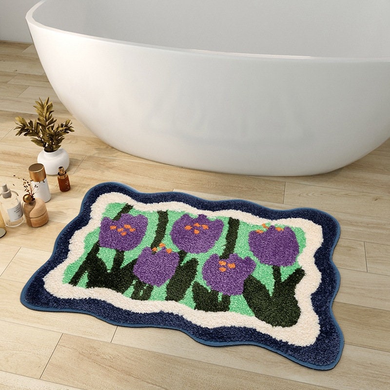 Vivolux | Bunte Blumen Badezimmermatte, Orange Flora Weicher Badezimmerteppich, Gewebte Badematte, Lila Tulpe Wasserabsorbierende Rutschfeste Badematte