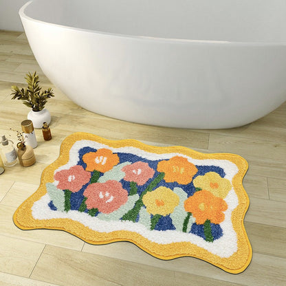 Vivolux | Bunte Blumen Badezimmermatte, Orange Flora Weicher Badezimmerteppich, Gewebte Badematte, Lila Tulpe Wasserabsorbierende Rutschfeste Badematte