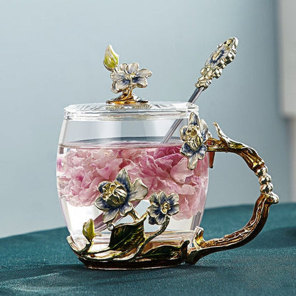 Vivolux | Handgefertigte Emaille-Blumen-Glasmugge für Paare Liebesgeschenk kann Kaffee, aromatisierten Tee oder sogar Zitronensaft servieren in