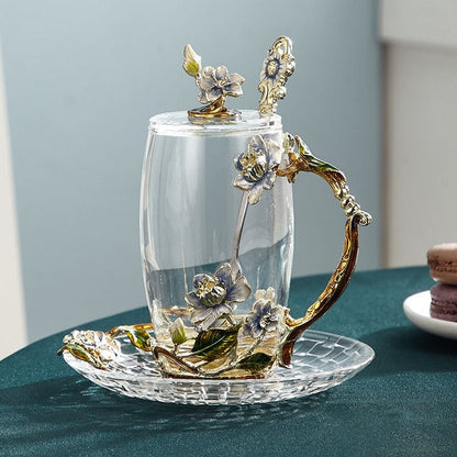 Vivolux | Handgefertigte Emaille-Blumen-Glasmugge für Paare Liebesgeschenk kann Kaffee, aromatisierten Tee oder sogar Zitronensaft servieren in