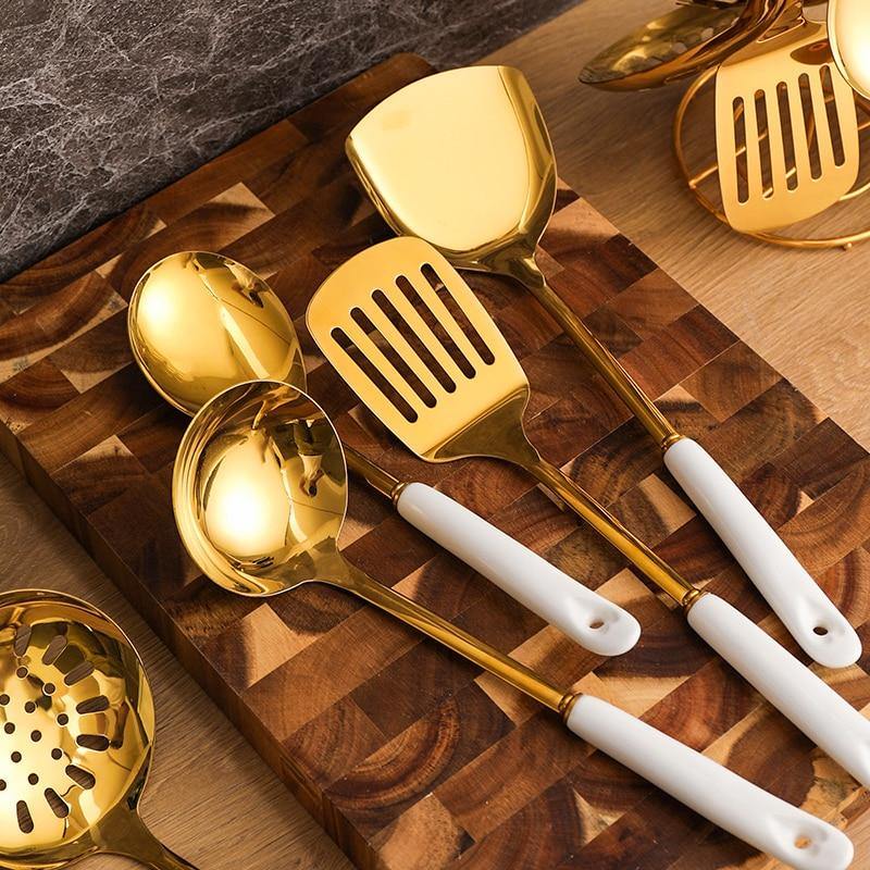 Vivolux | Goldene Küchenutensilien mit Ständer