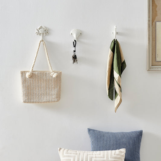 Vivolux | Weißer Gusseisen Nautical Ocean Figur Skulptur Dekorative Utility Wandhaken Set von 3 - Muschel, Krebs, Seepferdchen